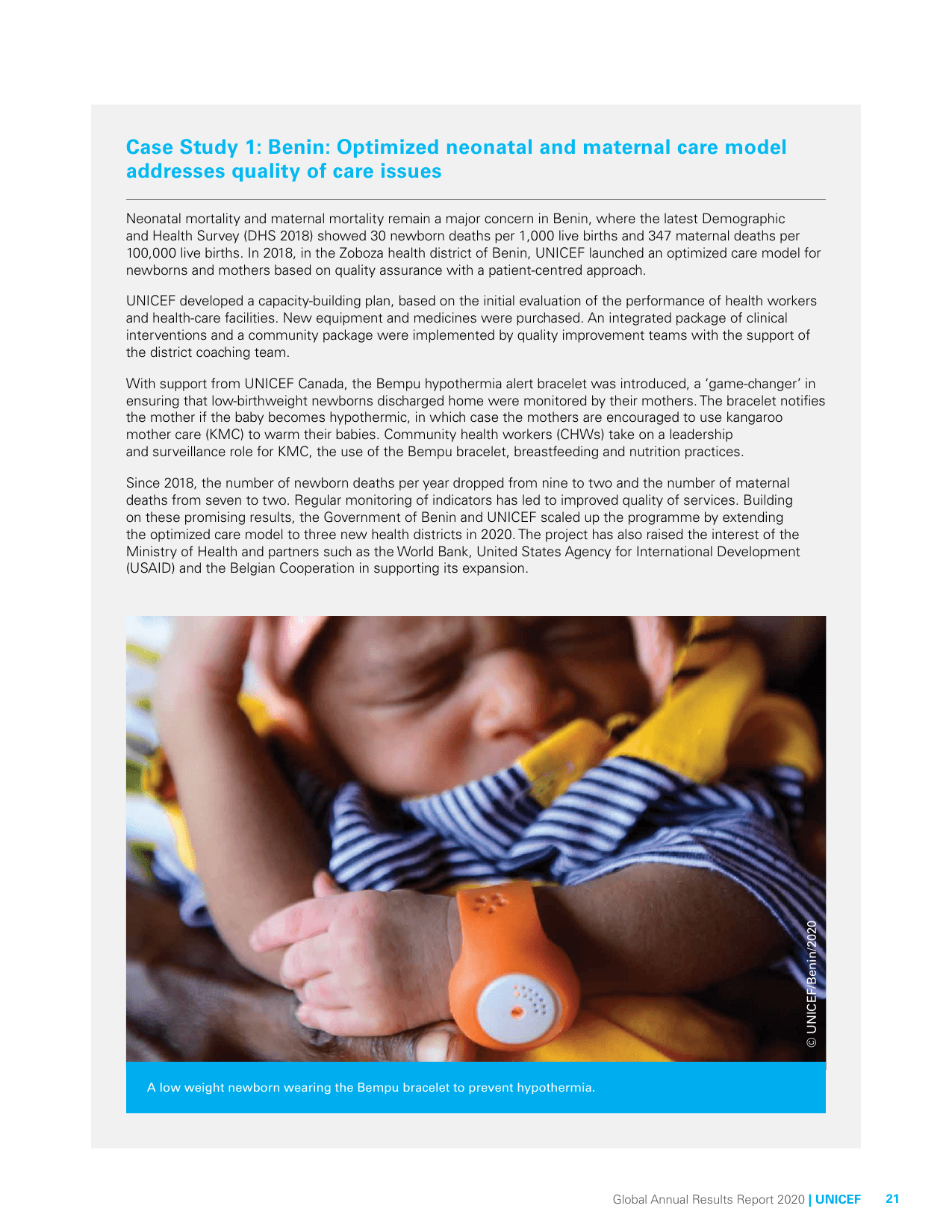UNICEF Global Annual Results Report 2020, Case Study 1: Benin — naming the BEMPU (Bempu) hypothermia alert bracelet