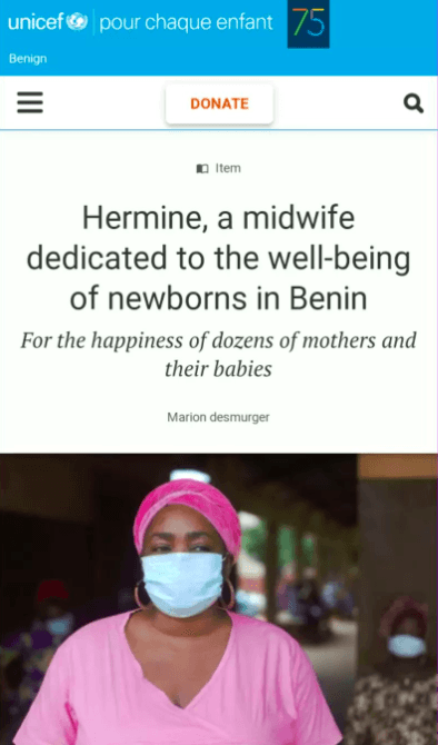 UNICEF Benin story: Hermine, a midwife wearing a COVID-19 mask, dedicated to the well-being of newborns in Benin