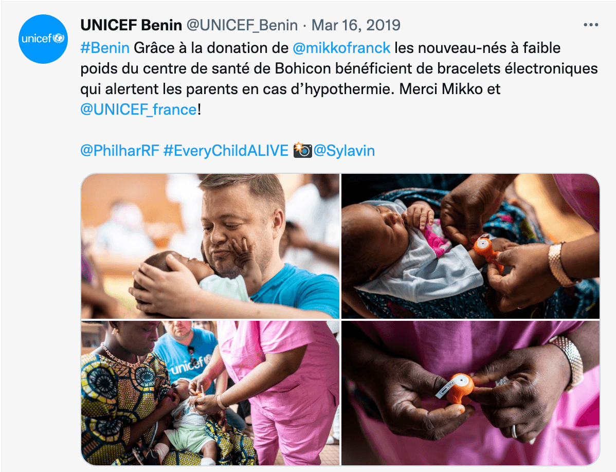 UNICEF Benin tweet: low-birth-weight newborns at the Bohicon health center receiving TempWatch bracelets